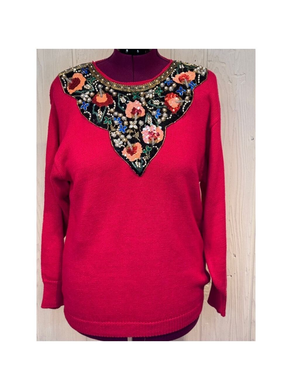 Victoria Harbour Red Beaded Sequin Sweater Large